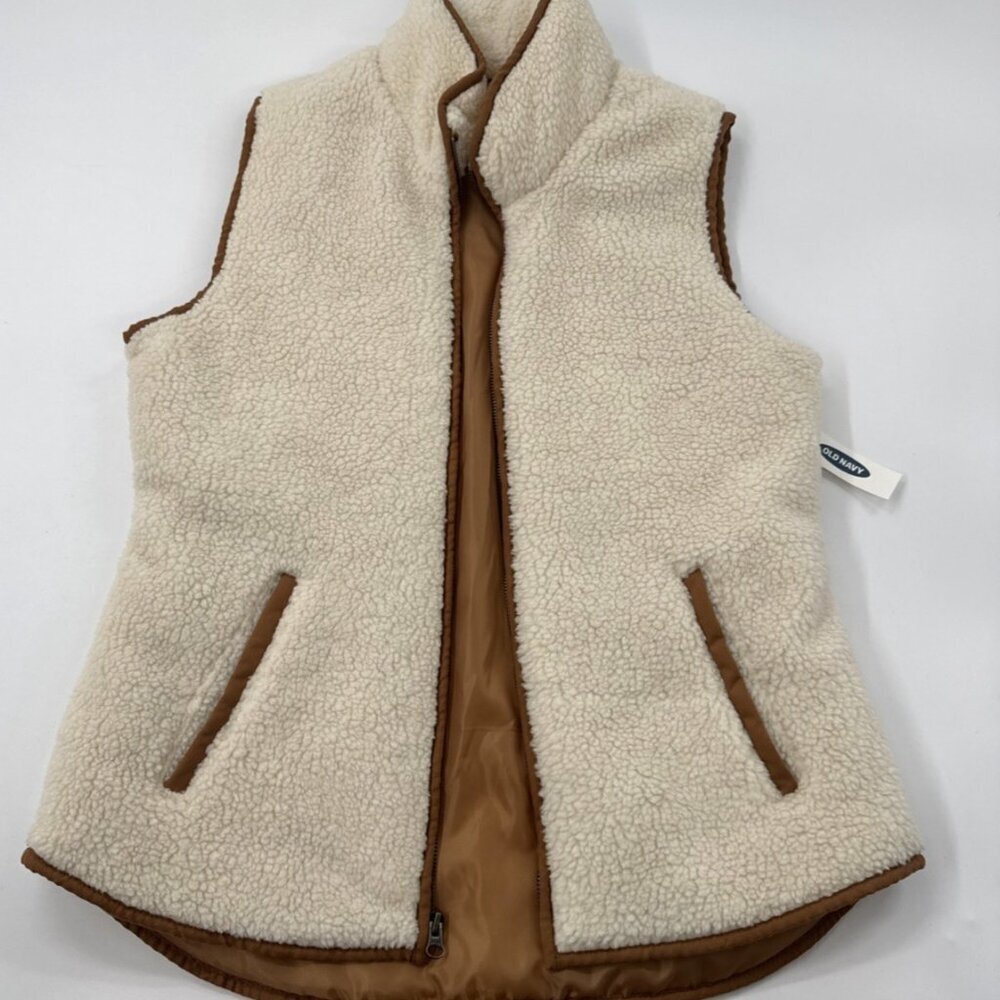 Old Navy Sherpa Women's Vest Medium Cream Tan Trim Pockets Zip Lined Boho NEW